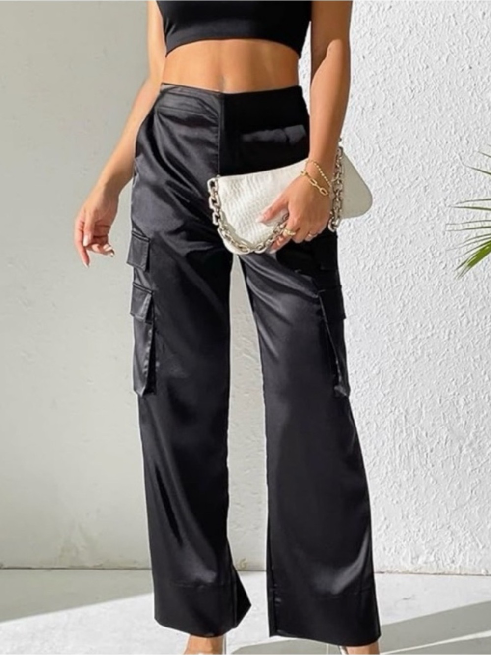 Vintage August Silk Logic Black Satin Cargo Pocket Wide-Leg Dress Pants